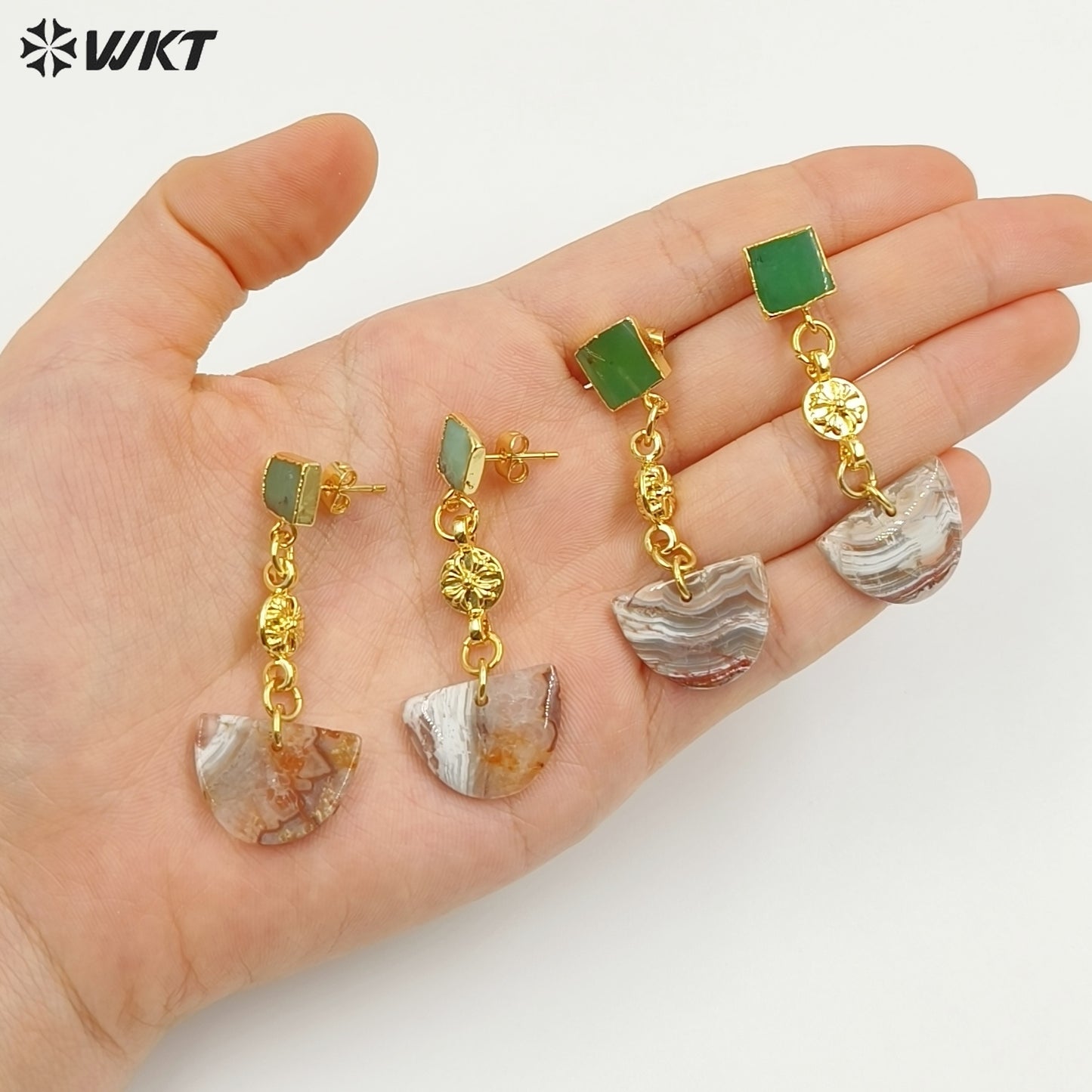 WT-E794 New Arrival Gold Plated Natural Mexico Agate And Chrysoprase Jade Semicircle Pendant Earrings For Girl Elegant Jewelry