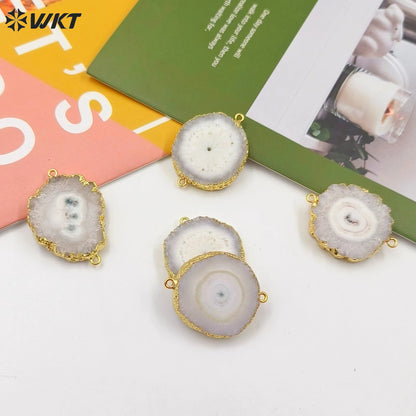 WT-C086 Wholesale Natural Solar Stalactite Pendant 18k Gold Plated Double Loops White Flower Stone Connectors for Jewelry Making