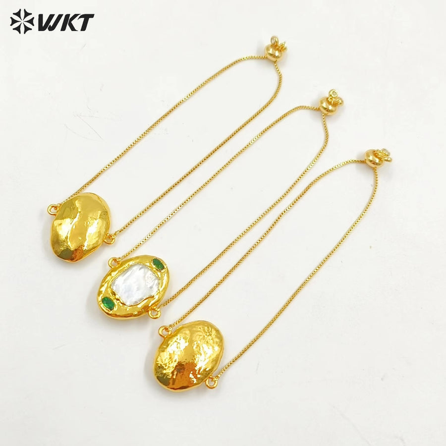 MPB105 Wholesale Fashion Gold Plated Adjustable Box Chain Connect Freshwater Pearl Charm Bracelet