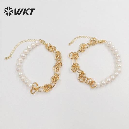 WT-MPB075 Wholesale Fashion Newest Freshwater Pearl Mix Chain Design Bracelet Gorgeous Natural Pearl Beads Chain Women Bracelet