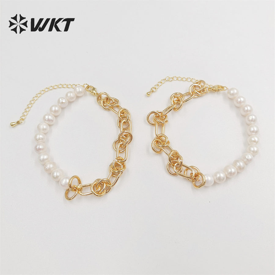 WT-MPB075 Wholesale Fashion Newest Freshwater Pearl Mix Chain Design Bracelet Gorgeous Natural Pearl Beads Chain Women Bracelet