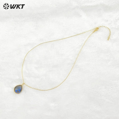 WT-N586 Wholesale Lovely Chic Labradorite Stone Necklace, Fashion Gold Bezel Drop Charm Stone Necklace