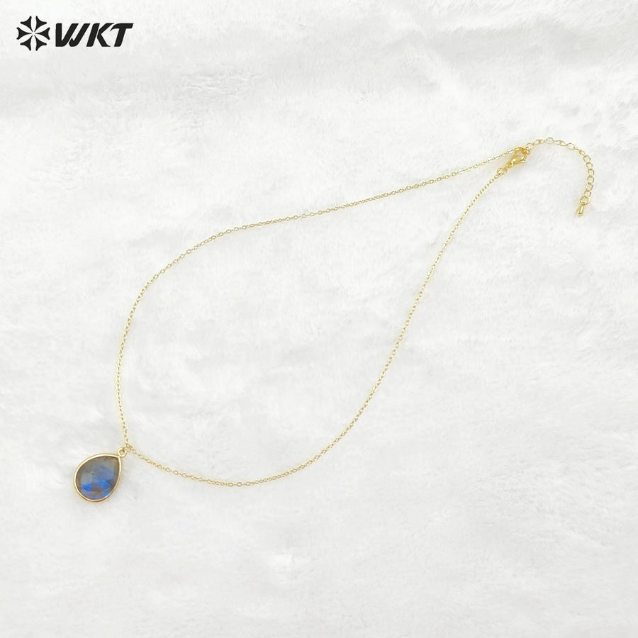WT-N586 Wholesale Lovely Chic Labradorite Stone Necklace, Fashion Gold Bezel Drop Charm Stone Necklace