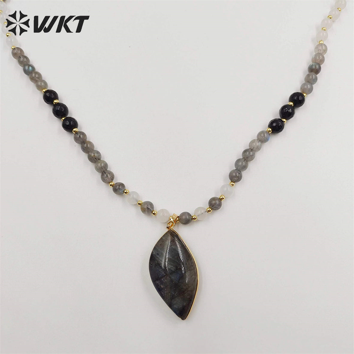 WT-N1417 New Handmade Long 6mm Round Beads Labradorite Pendant Necklace Women Trendy Shirt Chain Casual Boho Chain