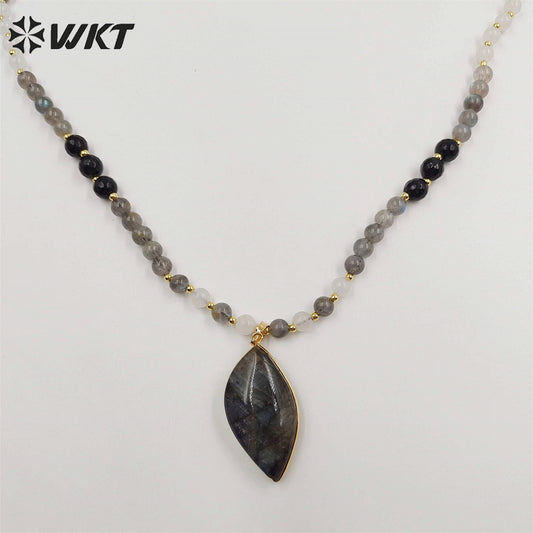 WT-N1417 New Handmade Long 6mm Round Beads Labradorite Pendant Necklace Women Trendy Shirt Chain Casual Boho Chain