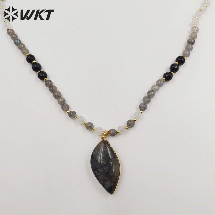 WT-N1417 New Handmade Long 6mm Round Beads Labradorite Pendant Necklace Women Trendy Shirt Chain Casual Boho Chain