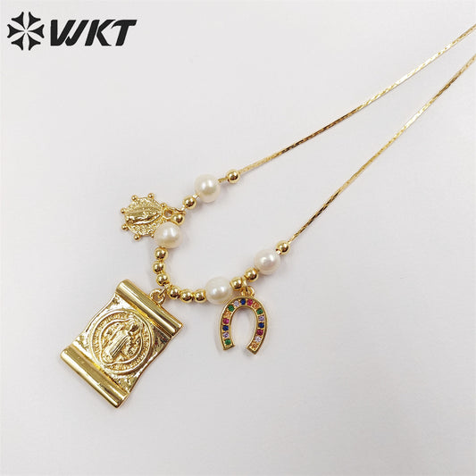 WT-JN230 Wholesale Fashion Gold Religious St Benedict Medal Pearl Necklace Charming Christian Adjustable Themed Medal Necklace
