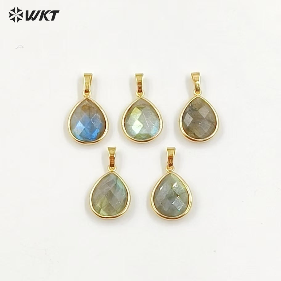 WT-P799 Faceted Teardrop Labradorite Pendant with Gold Electroplated Natual Colors Gold Pendant for Necklace Handmade Stone