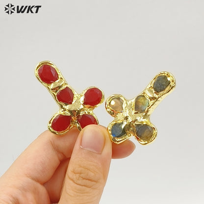 WT-P2045 Popular Sale Back Full Gold Electroplated Turquoise Natural Gemstones Cross Pendants As Fashion Necklace DIY Findings