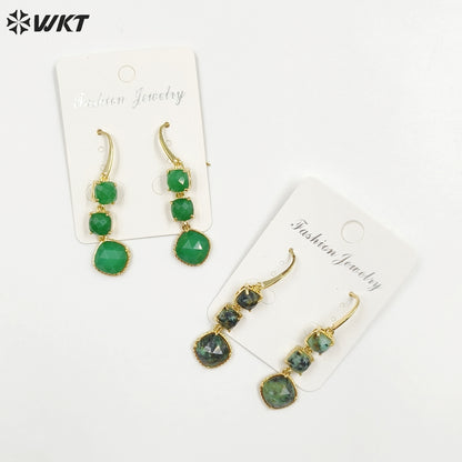 WT-E734 Elegant Colorful Gemstone Wire Wrapped Long Charming in Drop Earrings Women Triple Pendant Earrings