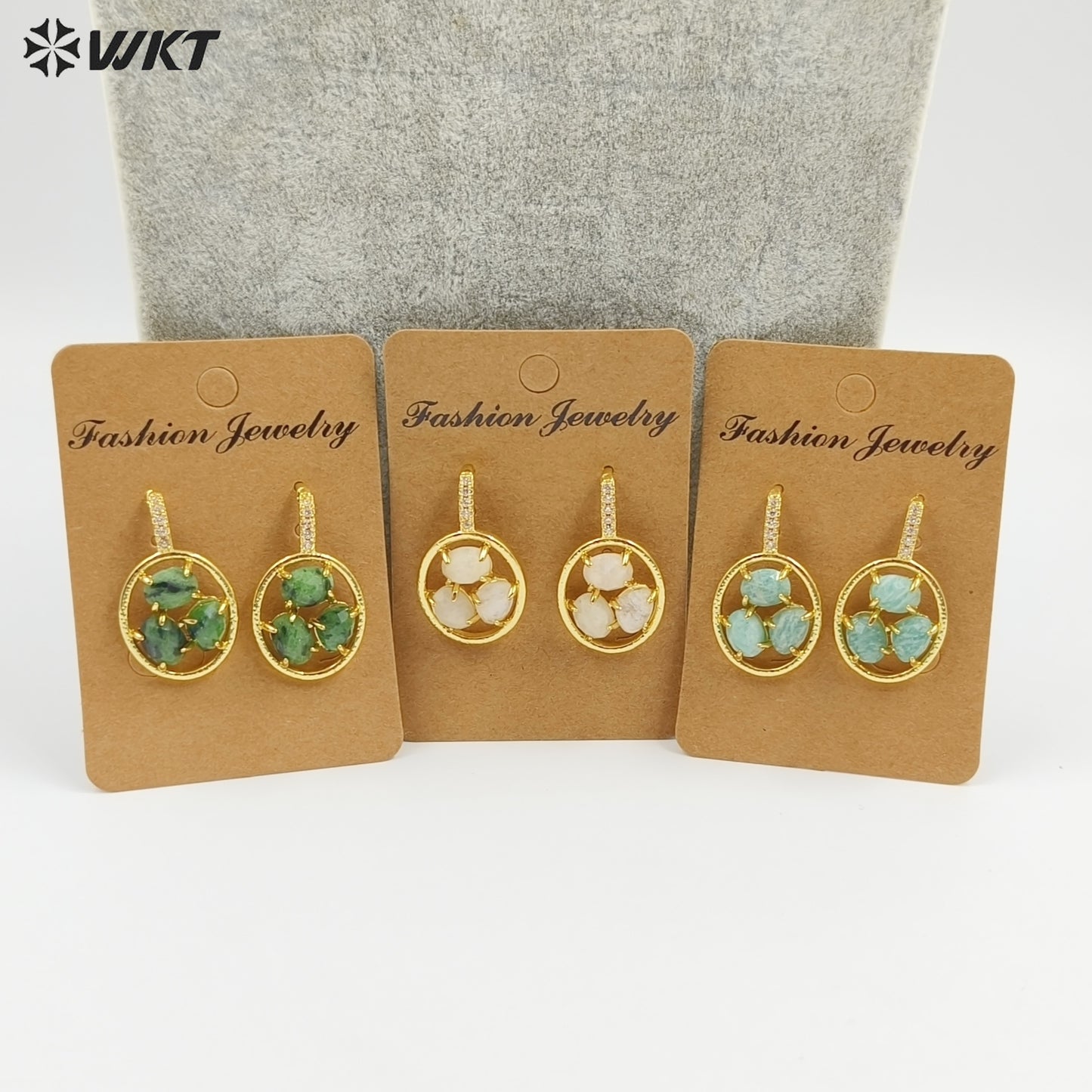 WT-E795 Delicate 18K Gold Plated Three Natural Gemstones With Zircon Hollow Round Earrings For Friend Birthday Gift Jewelry