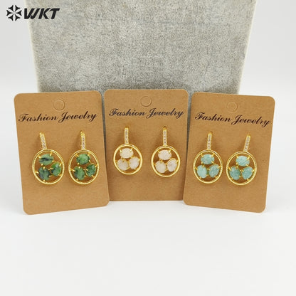 WT-E795 Delicate 18K Gold Plated Three Natural Gemstones With Zircon Hollow Round Earrings For Friend Birthday Gift Jewelry