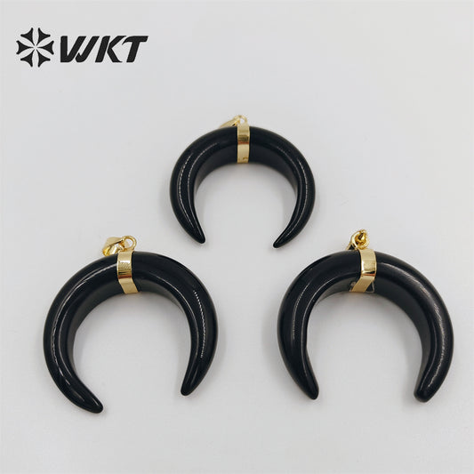WT-P949 Newest Natural Black Obsidian Crescent Horn Moon Pendant Single Loop Gold Bezel Horn Stone Pendant