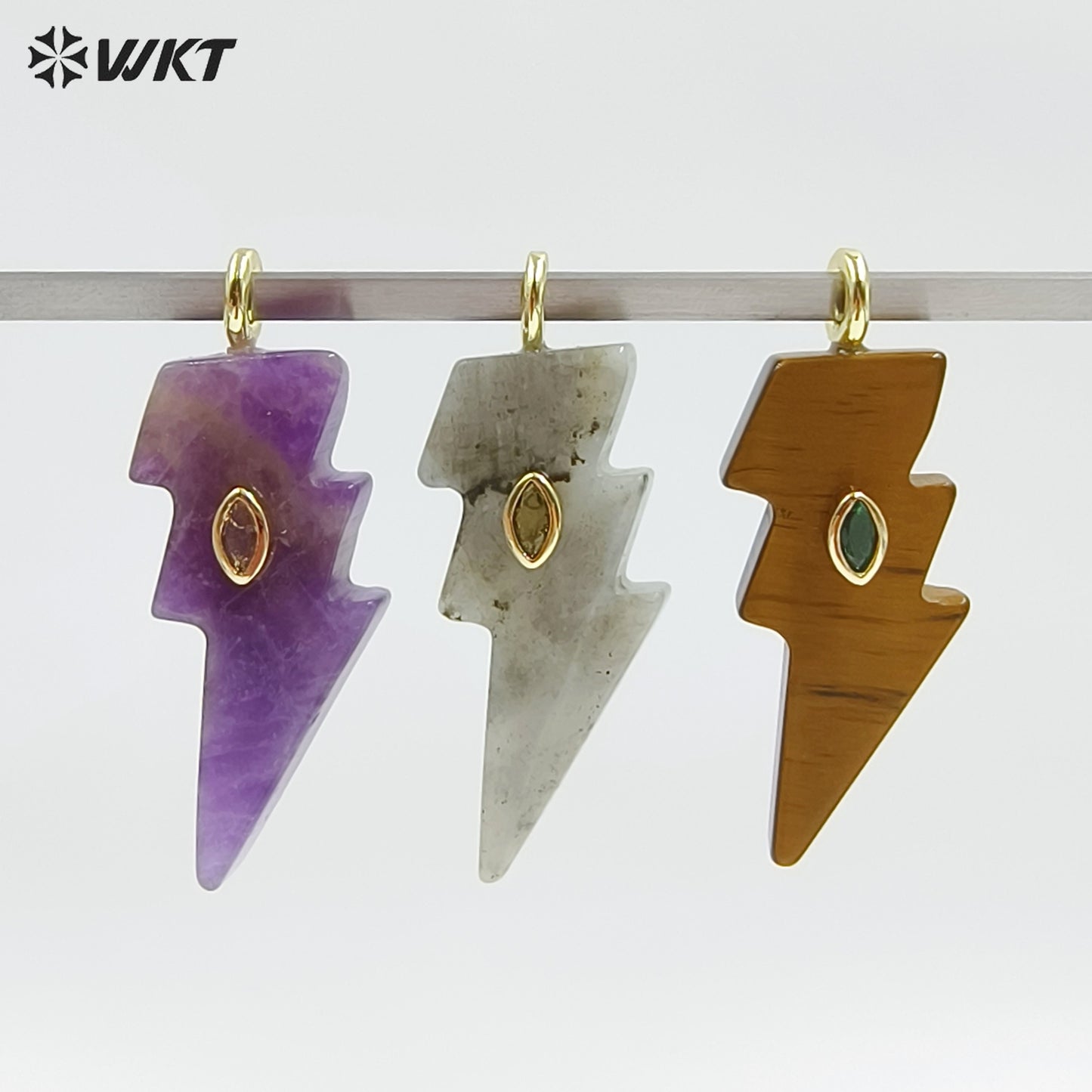 WT-P2100 Factory Wholesale Various Natural Gemstone With Zircon Lightning Shape Pendants For Friend Gifts Making Findings