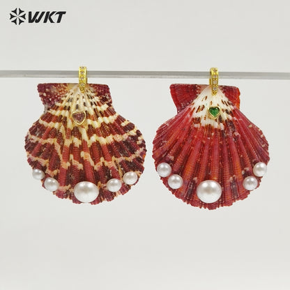 WT-JP501 Wonderful Vintage Pearl And Natural Oil Painting Shell Gold Pendants For Lady Fashionable Necklaces DIY Findings