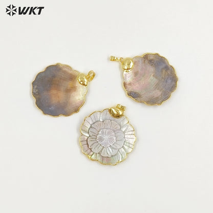 WT-JP442 Good Quality Natural Shell Flower Shape Three Layers Leaves 18K Gold Plated Pendant As Women Necklace DIY Accessories