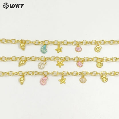 WT-JFN48 High Quality Yellow Brass Big Chain Gold Plated With Ocean Shells Charms Necklace For Ladies Summer Beach Theme Party