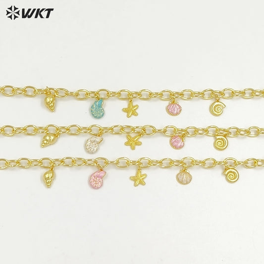 WT-JFN48 High Quality Yellow Brass Big Chain Gold Plated With Ocean Shells Charms Necklace For Ladies Summer Beach Theme Party