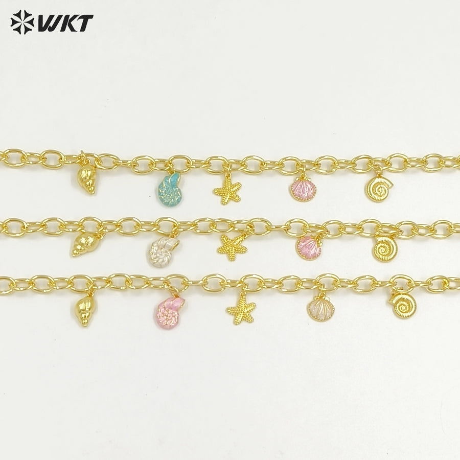 WT-JFN48 High Quality Yellow Brass Big Chain Gold Plated With Ocean Shells Charms Necklace For Ladies Summer Beach Theme Party