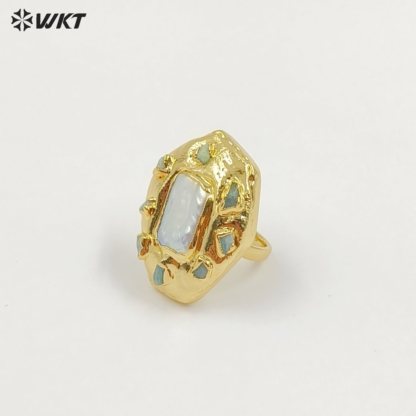 WT-MPR132 Wholesale Punk Style Ring 18K Gold Plated With Natural Stone and Pearl Handmade Daily Ring