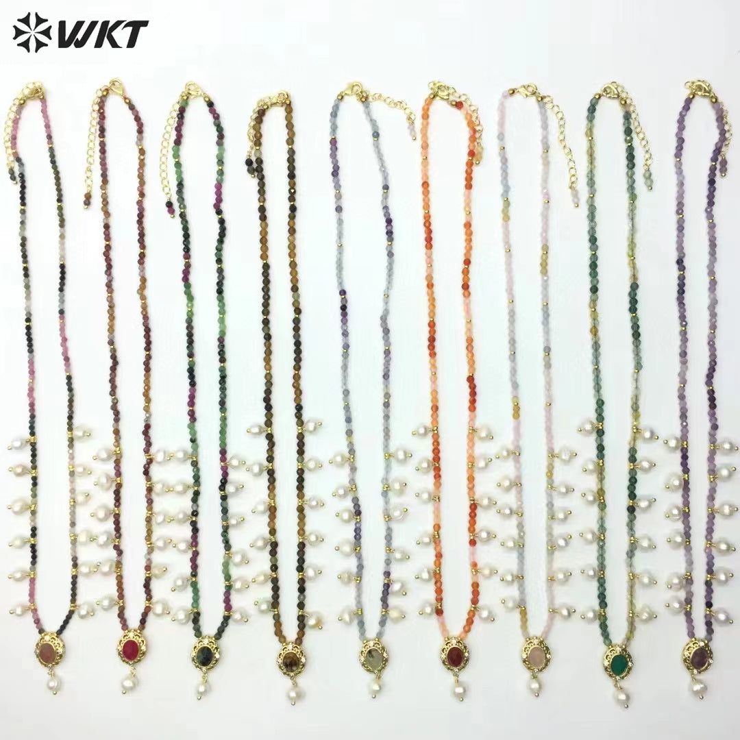 WT-N1473 WKT Elegant Handmade Natural Faceted Tiny Gemstone Beads Craft Delicate 16 Inch Long Stone Necklace