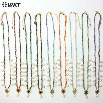 WT-N1473 WKT Elegant Handmade Natural Faceted Tiny Gemstone Beads Craft Delicate 16 Inch Long Stone Necklace