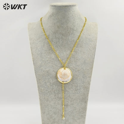 WT-JN406 Newest Fashionable Gold Plated Natural Trumpet Shell And Pearl Long Necklace For Lady Beach Matching Accessories