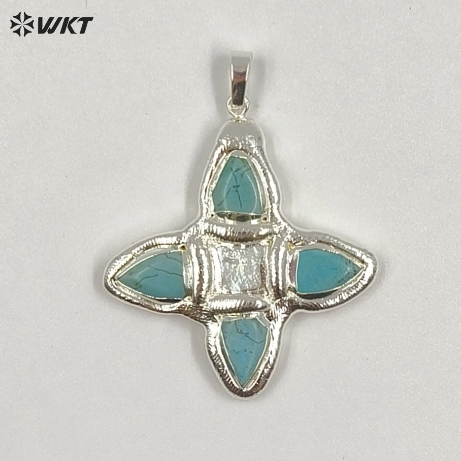 WT-P2010 Popular Sales Gold Plated Natural Gemstones Amazonite Amethyst Stone With Pearl Cross Shape Pendant For Jewelry DIY