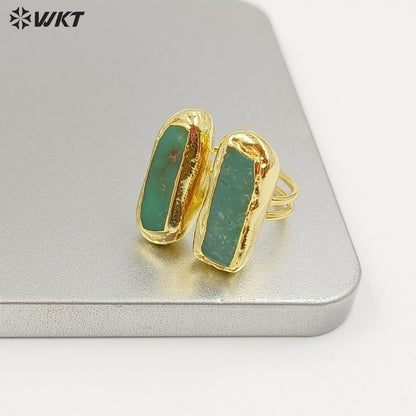 WT-R582 Beautiful Gold Electroplated Natural Australia Chrysoprase Rectangle Stone Rings As Women Everyday Wearing Jewelry