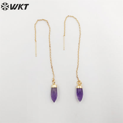 WT-E699 Wholesale Fashion Gold Bullet Shape Point Charm Necklace Gold Link Chain Earrings Women Tiny Thread pink Hoop Earrings