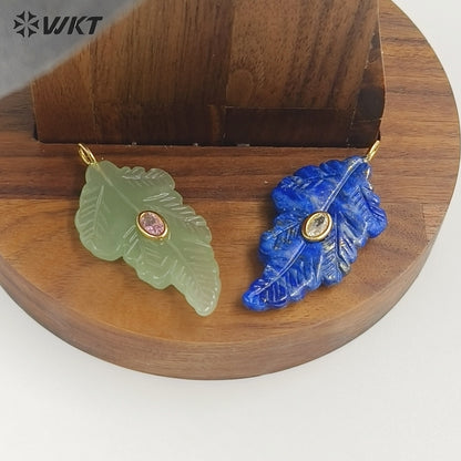 WT-P2094 High Quality Zircon Setting In Natural Gemstones Hand Carved Leaf Shape Pendants For Trendy Necklace Decorations
