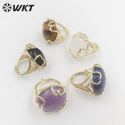 WT-R440 Wholesale Fashion 18k Real Gold Plated Resist Tarnishable Handmade Claw Setting Round Gemstone Ring in Adjustable Size
