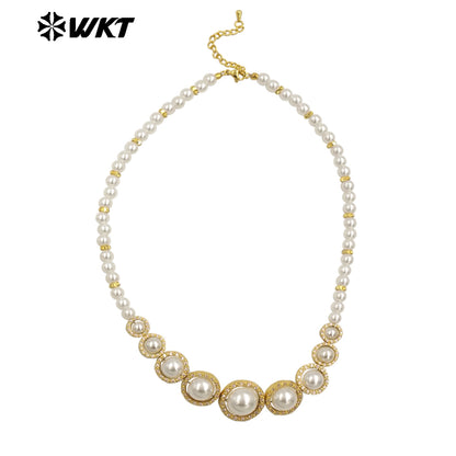 WT-JN290 Stylish Gold Beads Interspersed With Silver Beads Pearl Round Necklace With Small Zircon Jewelry Accessories for Women