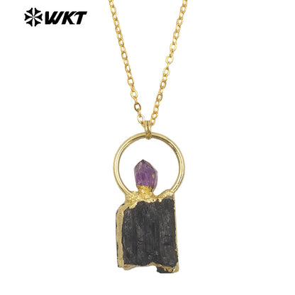 WT-N1467 Amazing Gold Plated Energy Healing Black Tourmaline With Amethyst Stone Pendant Necklace for Birthday Jewelry