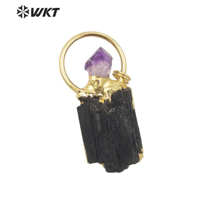 WT-P1960 Wholesale Fashion 18K Gold Plated Raw Stone Black Tourmaline With Amethyst Charm Energy Jewelry Pendants