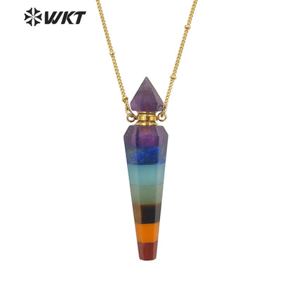 WT-N1406 Wholesale Fashion Energy Seven CHAKELA Natural Stone Essencial Oil Bottle Pendant Necklace with 18k Gold Stellite Chain