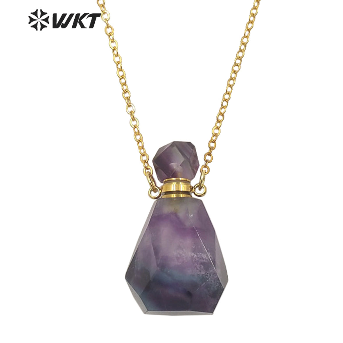 WT-N1312 Wholesale Fashion Gold Stainless Steel Handmade Cab Chon Natural Raw Fluorite Stone Perfume Bottle Necklace for Women
