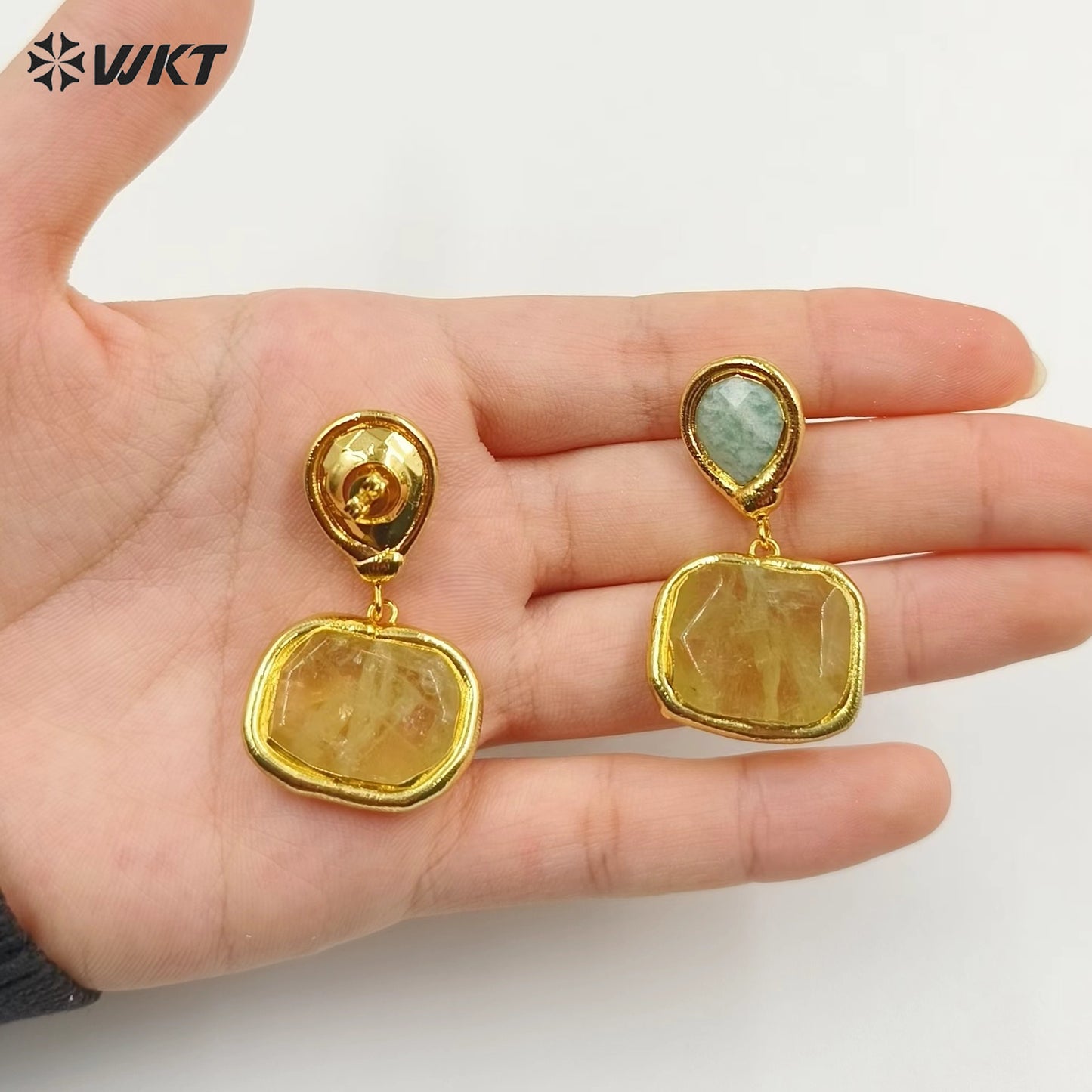 WT-E742 Newest Women Precious Natural Faceted Sun Stone Made in 18K Real Gold Plated Europe Populared Rose Quartz Earrings