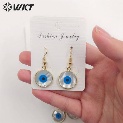 WT-E162 Wholesale Fashion Gold Plated Bezel Eye Earrings, Women Gold Shell Eye Earrings Natural Shell Earrings