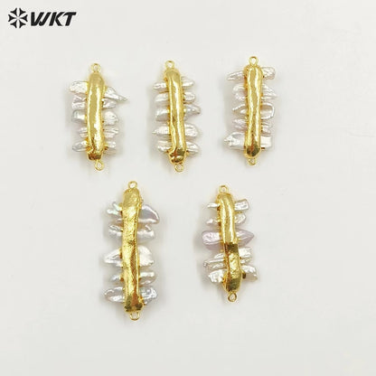 WT-JP039 Wholesale Tiny Stick Natural Freshwater Pearl Connector Charming Accessory With Gold Color Electroplated for Jewelry