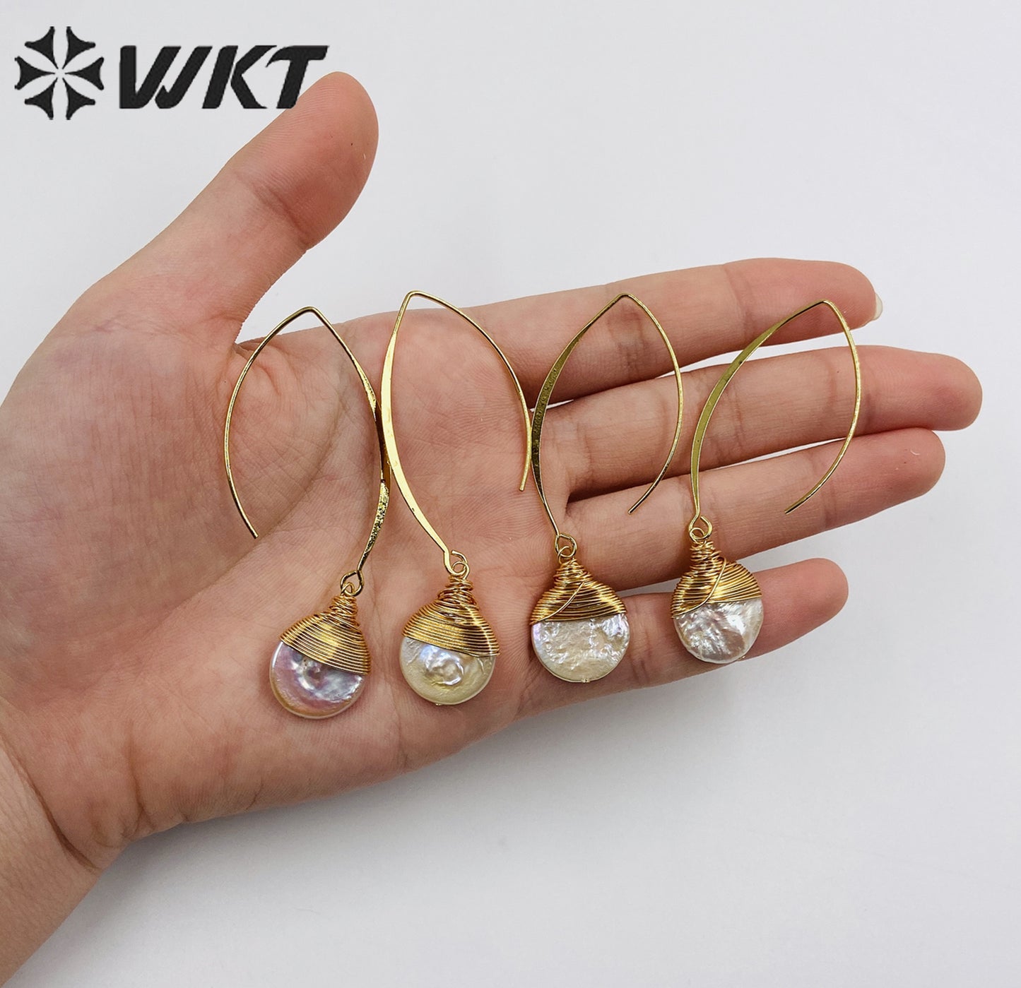 WT-E542 New Design Elegant White Pearl With Brass Wire Wrapped Pendant Earrings Natural Freshwater Pearl Earring