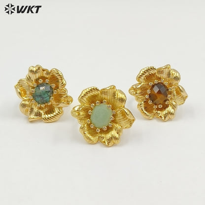 WT-R583 Exquisite Gold Electroplated Zircon And Natural Gemstones Flower Shape Rings For Female Dance Party Jewelry Matching
