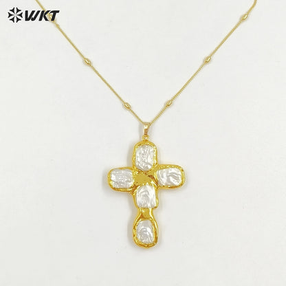 WT-JN328 Wholesale Beautiful Back Full Gold Plated With Natural Freshwater Pearls Cross Shape Pendant Necklace Anniversary Gift