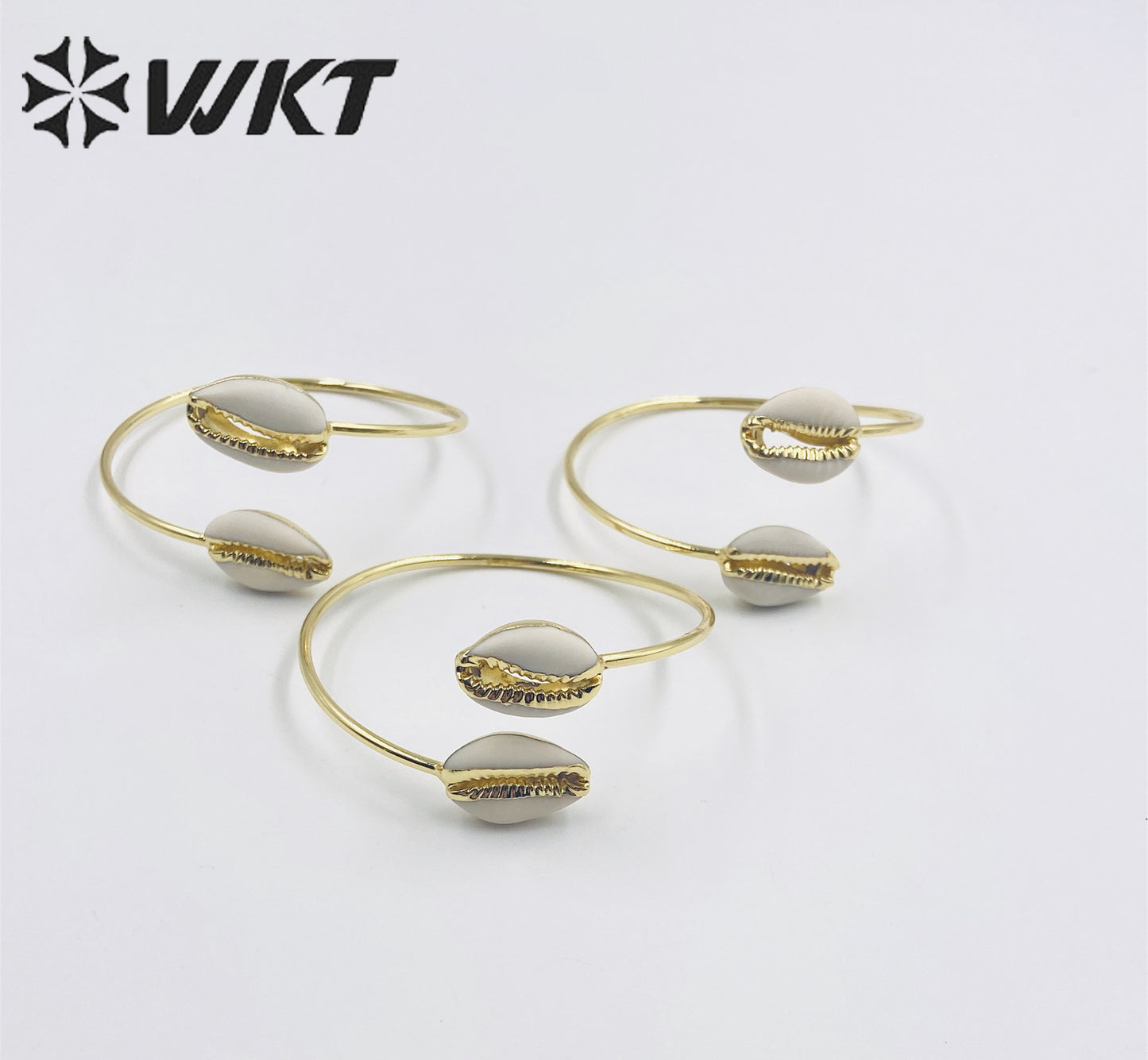 WT-B197 18K Gold Plated Double Shell Bracelet Bangle Fashion Natural Double Cowrie Shell Bangle for Summer Holiday
