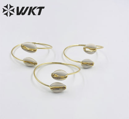 WT-B197 18K Gold Plated Double Shell Bracelet Bangle Fashion Natural Double Cowrie Shell Bangle for Summer Holiday