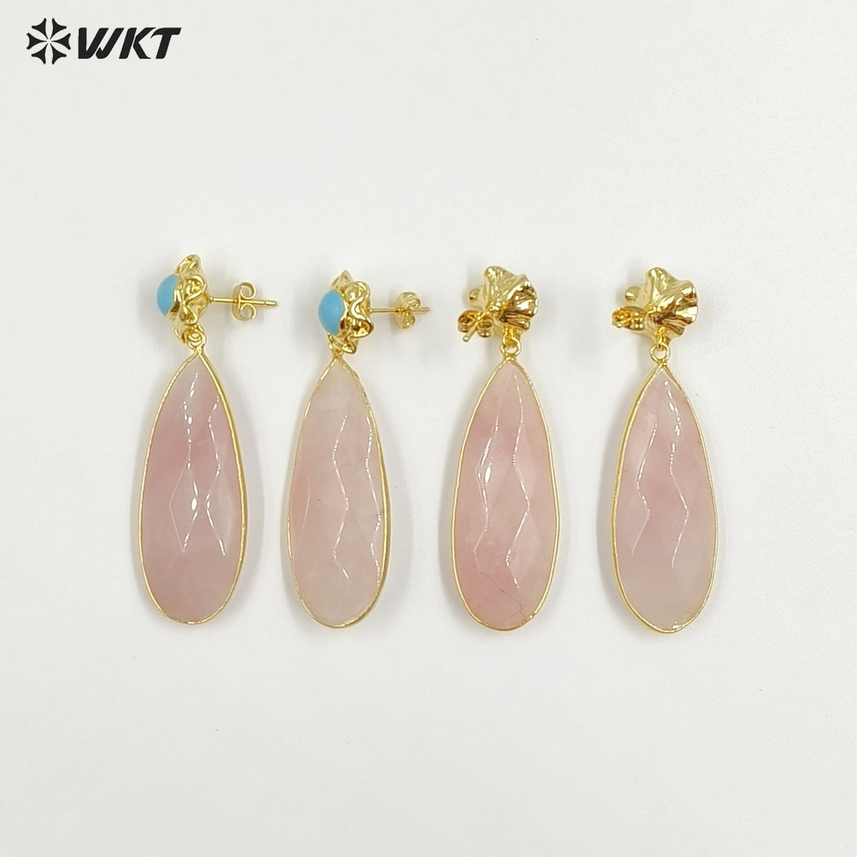 WT-E792 New Design Gold Plated Natural Small Gemstones And Pink Crystal Long Waterdrop Shape Earrings As Women Romantic Gift