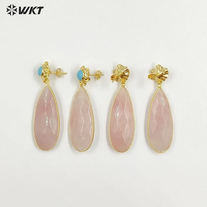 WT-E792 New Design Gold Plated Natural Small Gemstones And Pink Crystal Long Waterdrop Shape Earrings As Women Romantic Gift