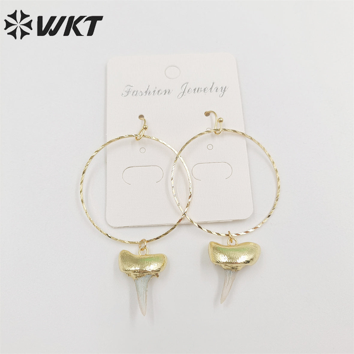WKT-E676 Fashion Gold Plated Specimen Teeth Earrings Women Unique Big Hoop Dangle Shark Tooth Earrings