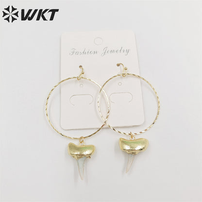 WKT-E676 Fashion Gold Plated Specimen Teeth Earrings Women Unique Big Hoop Dangle Shark Tooth Earrings