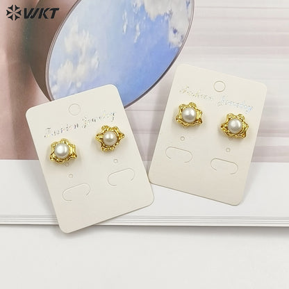 WT-EHP104 Delicate 18K Gold Plated Natural Freshwater Pearl Sun Shape Little Earrings Finding With Hoop For Women Jewelry DIY